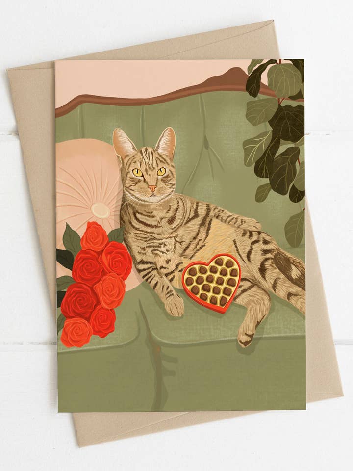 Chat avec des roses | Carte de la Saint-Valentin pour la vente par Illustrations Its Funny Howww Inc