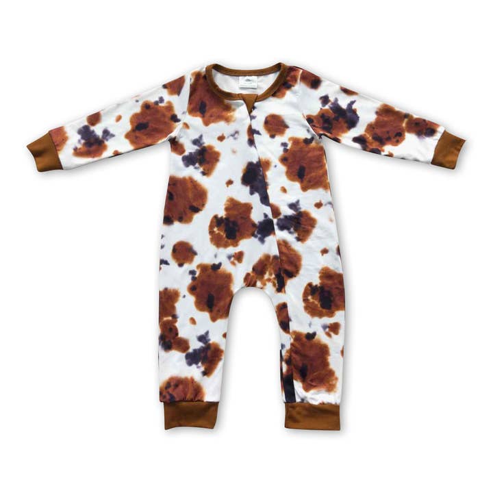 Cow print long sleeves baby kids zipper romper for wholesale by Yawoo Garments