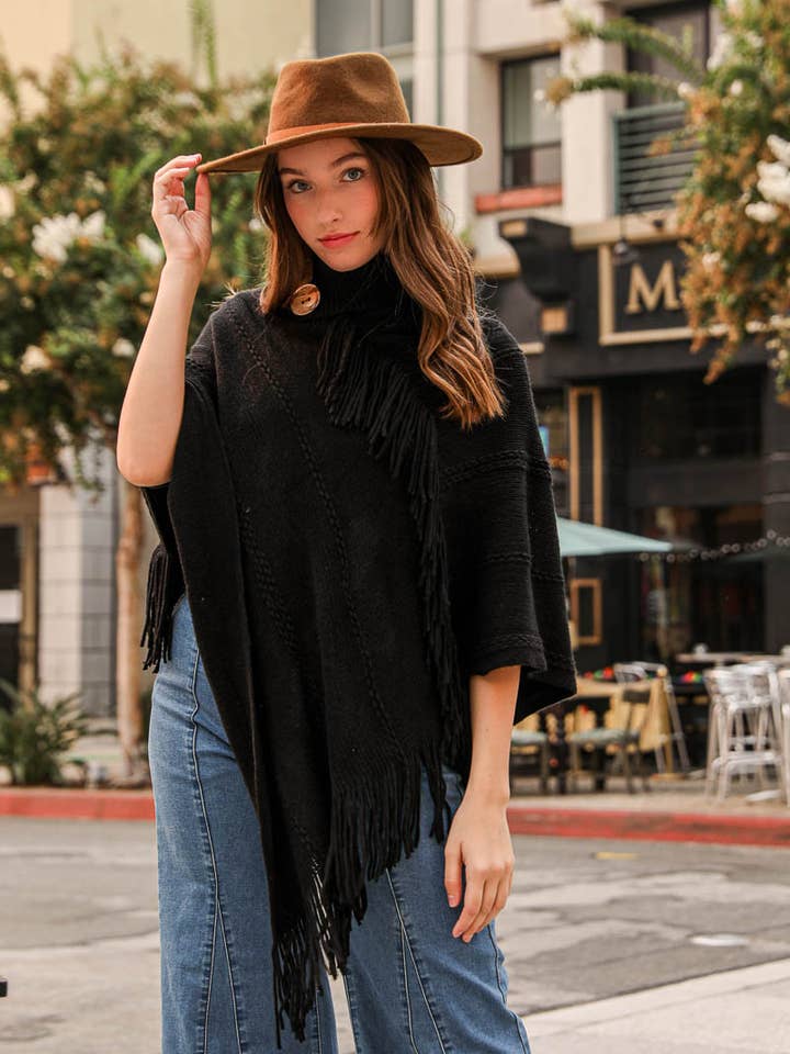 Leto Accessories - Wholesale Poncho - Women's - Button Neck Fringe Poncho - Fall & Winter Essential5