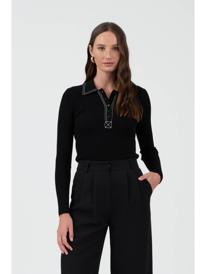 The Workshop Studio - Wholesale Knit Sweater - Women's - CONTRAST STITCH COLLARED SWEATER KNIT TOP