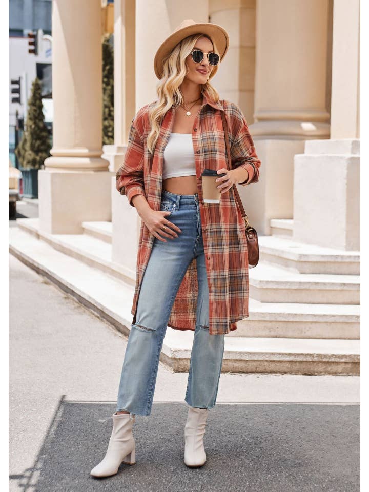 Sweetkama - Wholesale Button Down Shirt - Women's - Ladies Plaid Lapel Long Sleeves Casual Shirt 68312