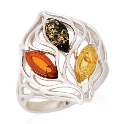 Anillo de ámbar multicolor natural del Báltico, plata de ley para venta al por mayor de OPALOOK France