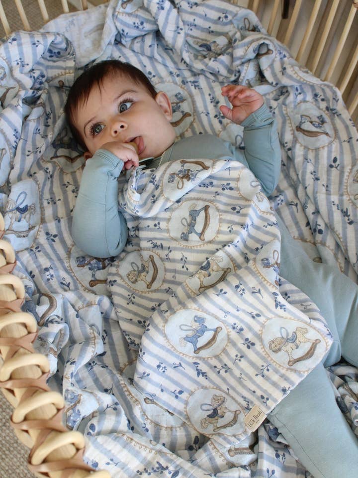 Little Threads - Wholesale Bedding Blanket - Kids & Baby - Blue Rocking Horse Muslin Blanket2