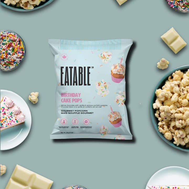 EATABLE Popcorn - Wholesale Popcorn - Mini Birthday Cake Pops - White Chocolate Rainbow Popcorn