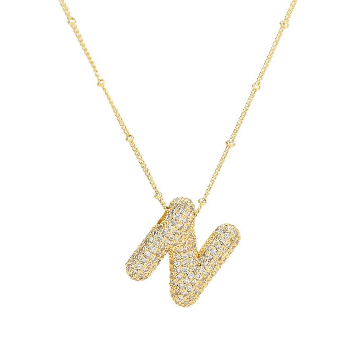 The Classy Cloth WS - Wholesale Pendant/Charm Necklace - Jeweled Cz Bubble Letter Initial Necklace - Gold RTS12