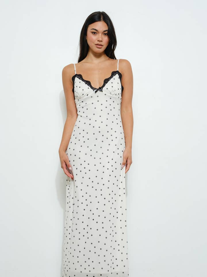 Ivory POLKA DOT MESH MAXI DRESS for wholesale on Faire
