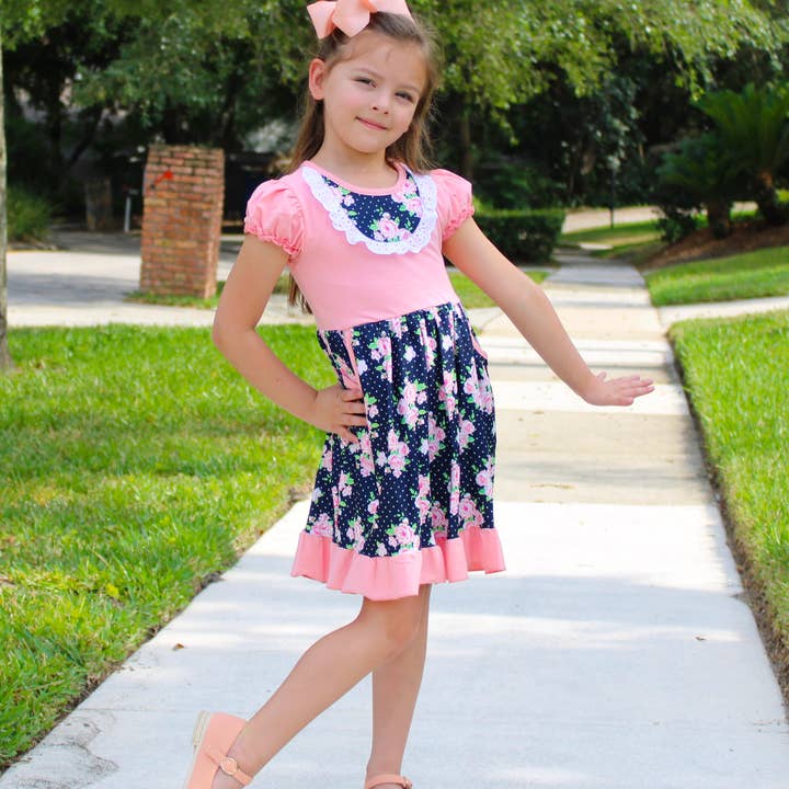 AnnLoren - Wholesale Dress - Kids - Girls Pink & Blue Floral Eyelet Ruffles Short Sleeve Dress