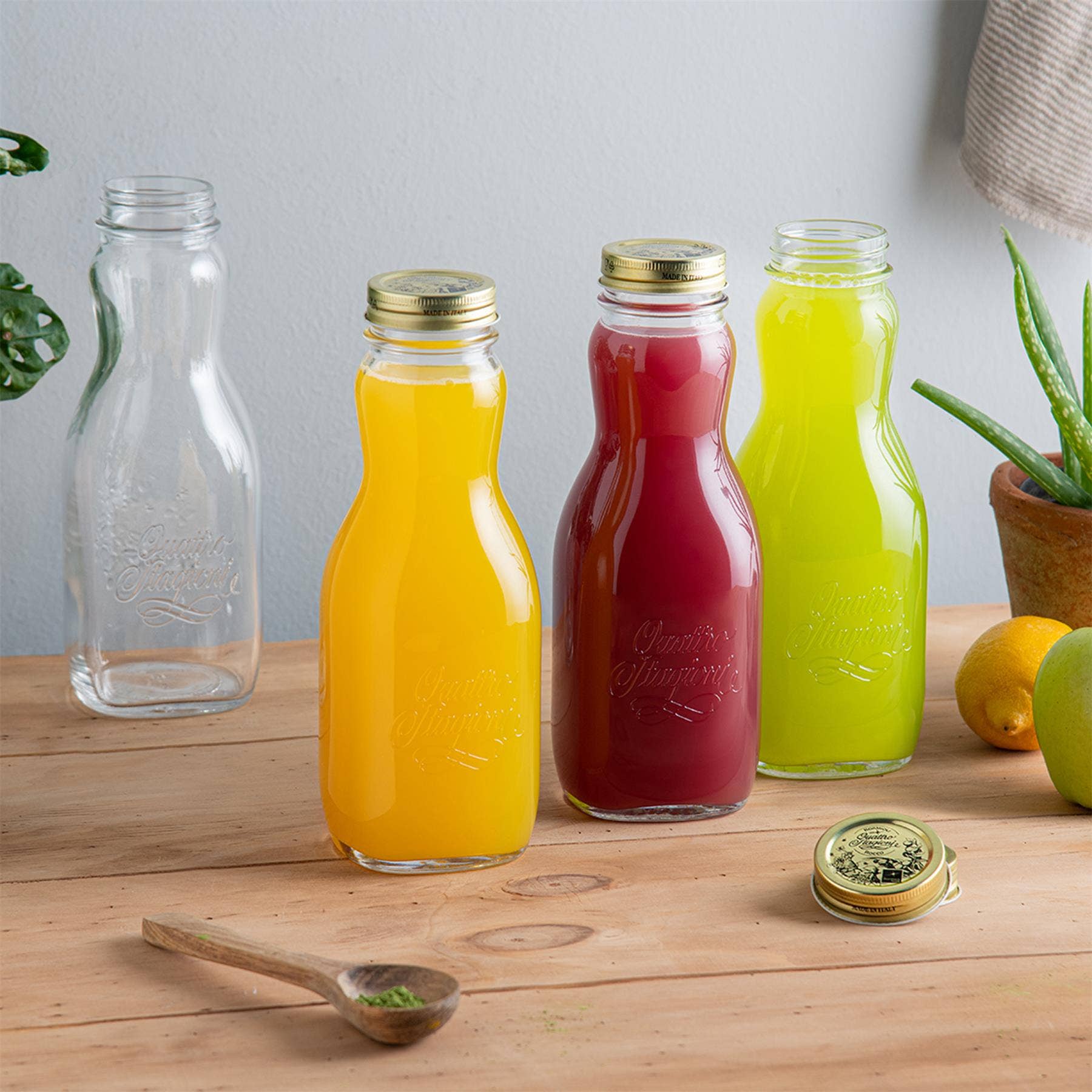 Rinkit Ltd – wholesale Milk/juice bottle – 1L Quattro Stagioni Glass Juice Bottle with Screw Top Lid1