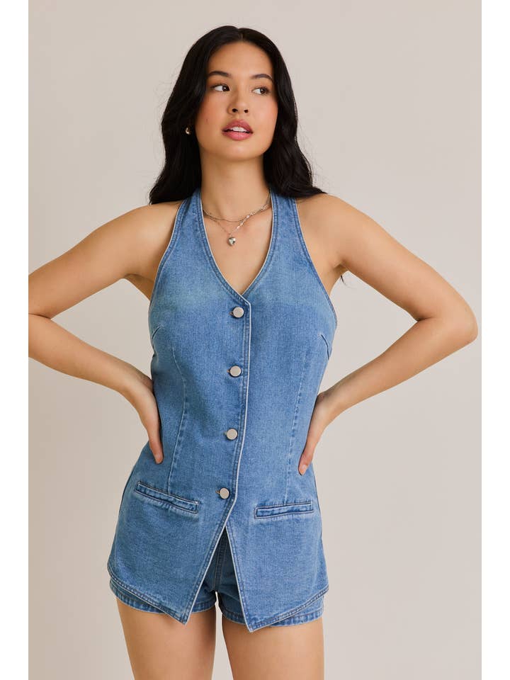 DENIM VEST-STYLE ROMPER WITH MICRO SHORTS for wholesale on Faire