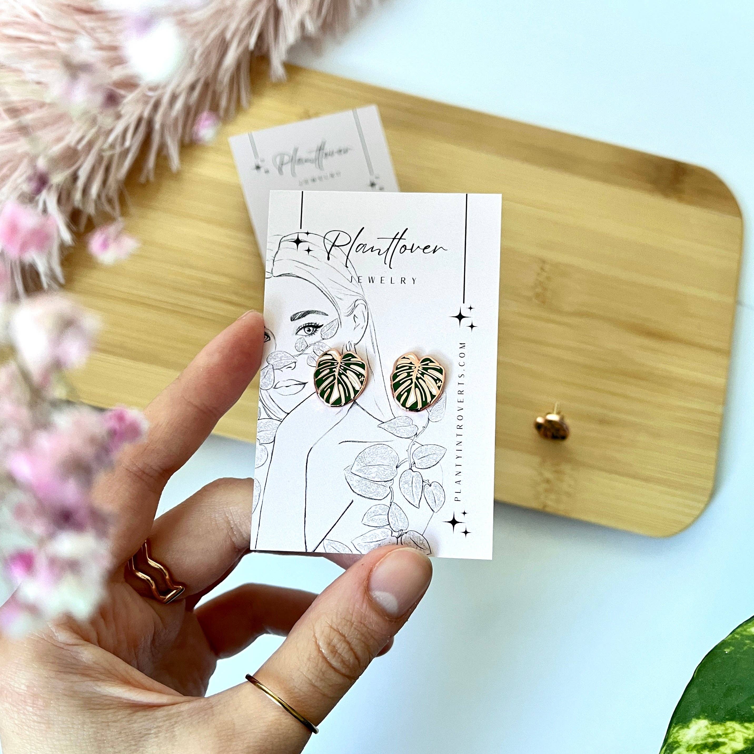 plantyintroverts - Wholesale Stud/Post Earrings - Monstera variegata leaf hard enamel earrings1