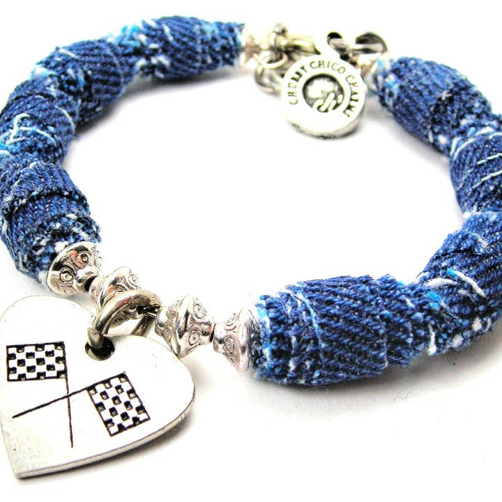 Korsade ras flaggor i hjärtat blå Jean pärlstav Växla armband för wholesale av Chubby Chico Charms