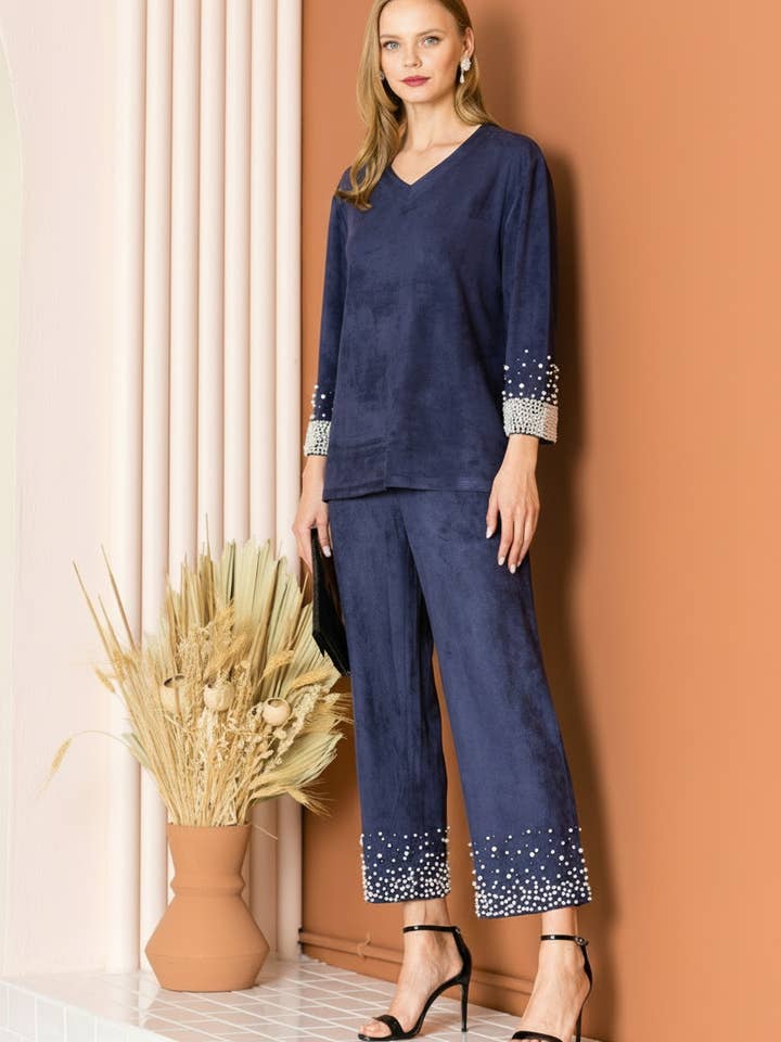 Pantalon en daim extensible Allure avec perles pour la vente par Joh Apparel
