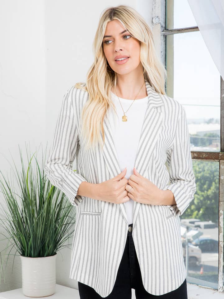 Linen Blend Stripe Roll Up Blazer and other Purchase Wholesale linen blazer. Free Returns & Net 60 Terms on Faire trending on Faire.