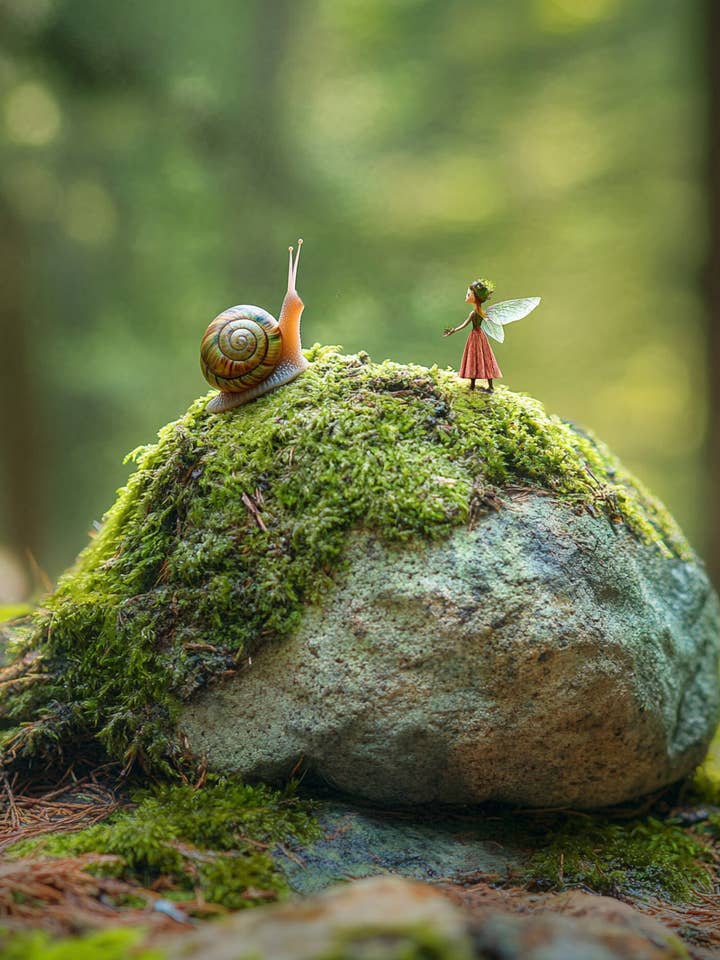 Fairy and Snail Arguing on a Moss Rock - Fairies Wall Art Prints – 8″x10″ Artwork for 11″x14″ Frame for wholesale by Mowbi
