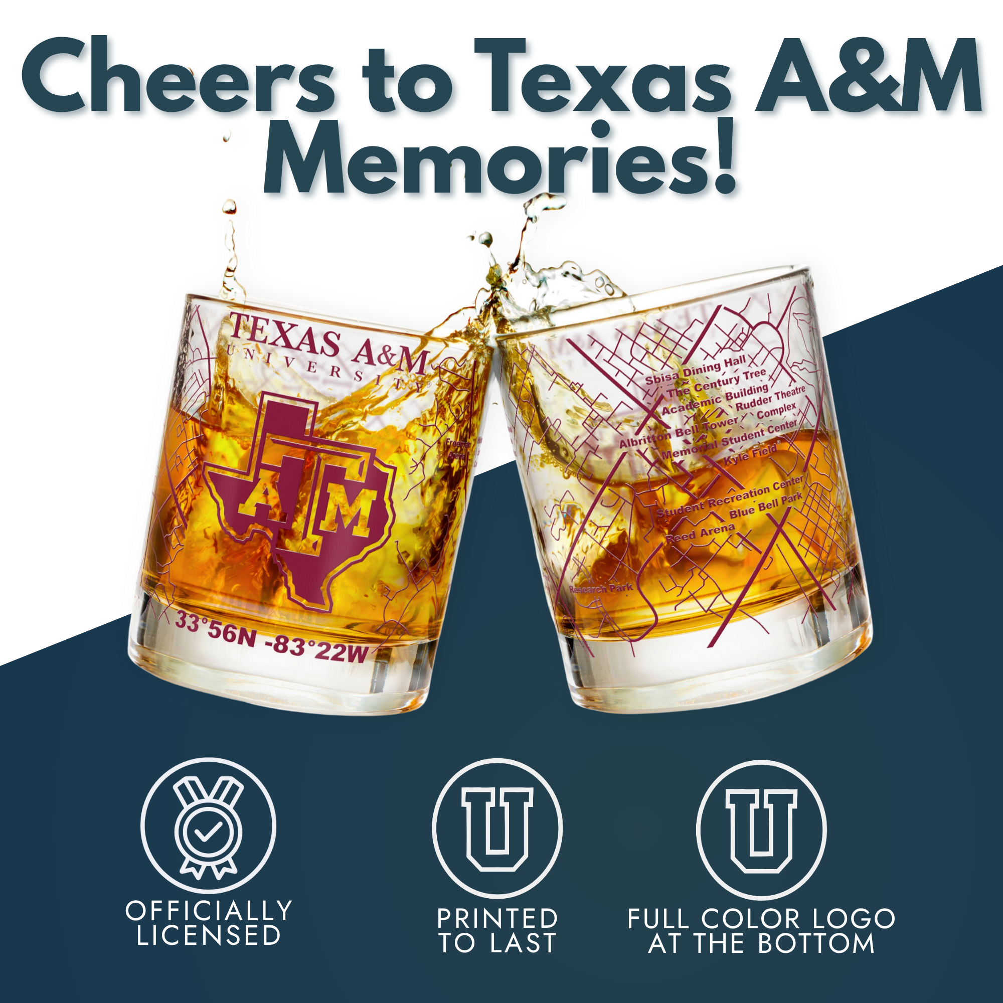 Greenline Goods - Wholesale Cocktail/Liquor Glass - University of Texas A&M Aggies College Whiskey Glasses (Set of 2), 10 oz – Full-Color Logo + Campus Map5
