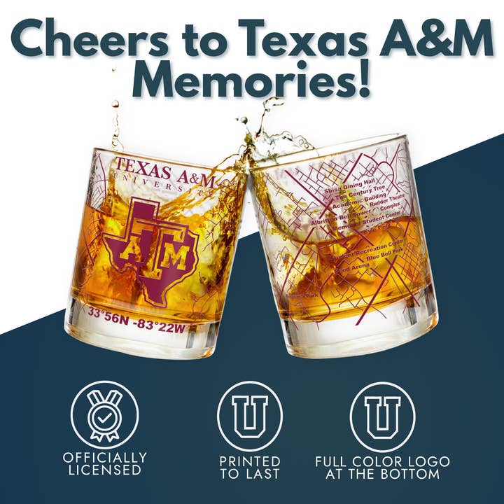 Greenline Goods - Wholesale Cocktail/Liquor Glass - University of Texas A&M Aggies College Whiskey Glasses (Set of 2), 10 oz – Full-Color Logo + Campus Map5