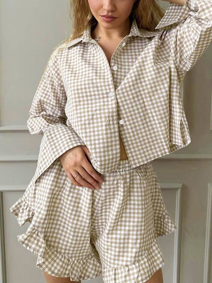 Ruffled Long Sleeve Plaid Shorts Loungewear Set ONK66 for wholesale by UNISHE