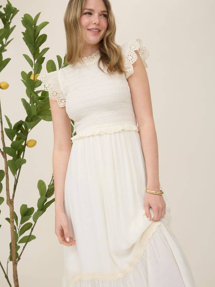 Blu Pepper - Wholesale Dress - Women's - SMOCKED EYELET TRIM RUFFLE DETAIL MIDI DRESS
