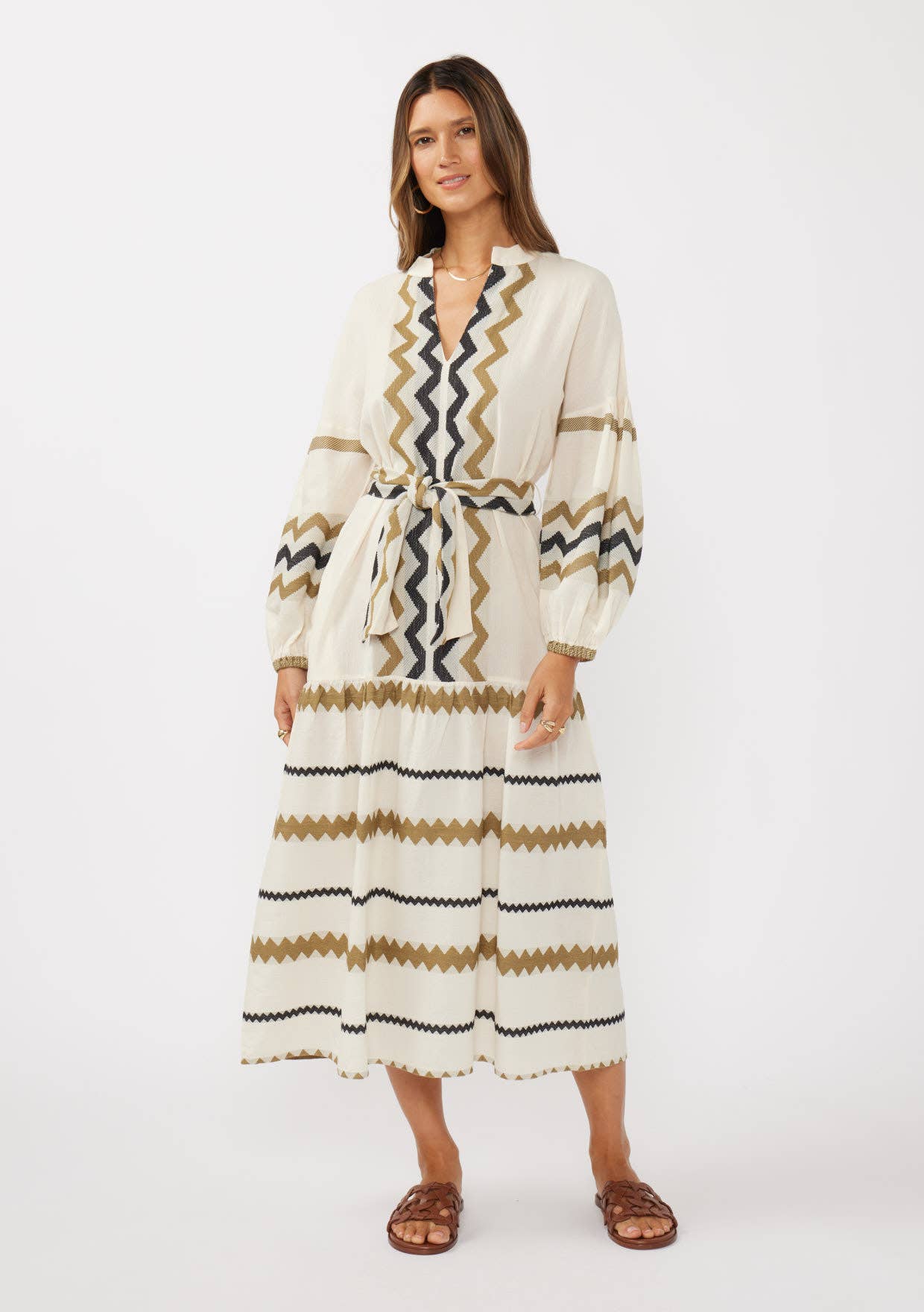 Naturel/Kaki Robe maxi à manches blouson à étages avec ceinture à la taille en vente sur Faire5