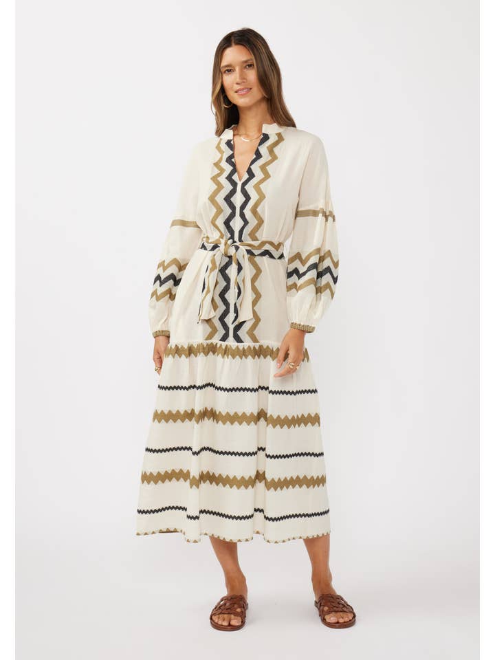 Naturel/Kaki Robe maxi à manches blouson à étages avec ceinture à la taille en vente sur Faire5