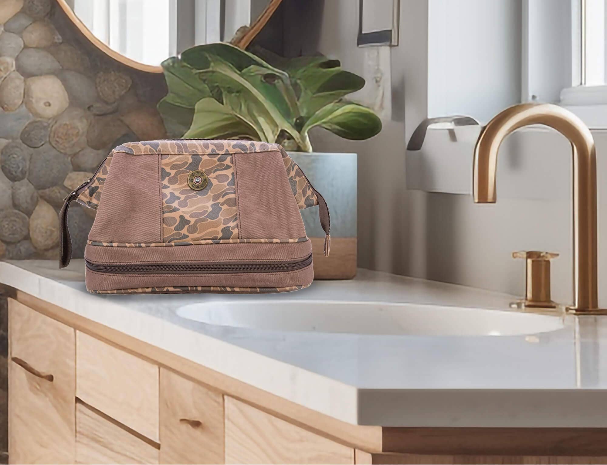 Shot Shell Brown Waxed Canvas Old School Camo Men's Toiletry Dopp Bag. for wholesale on Faire5