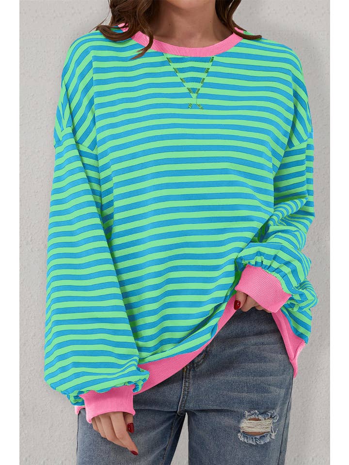 Amaryllis Apparel - Wholesale Sweatshirt - Women's - Stripe Oversized Contrast Trim Pullover Sweatshirt3