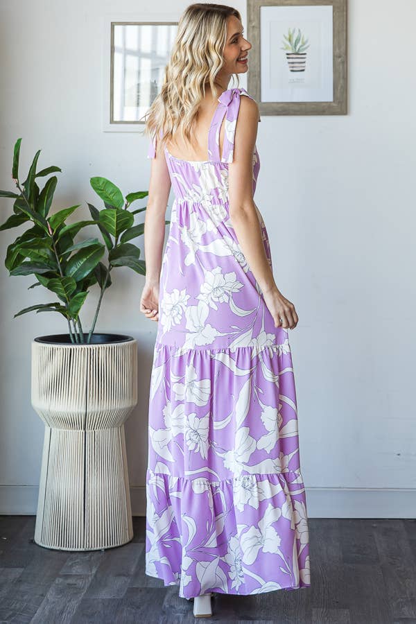 7th Ray - Vendita all'ingrosso Vestito - Donna - Vestito lungo a balze con spalline a fiocco e scollo quadrato floreale D59298