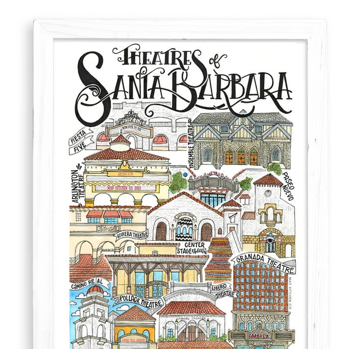 Impression artistique sur les théâtres de Santa Barbara Santa Barbara + carte postale pour la vente par Mad Kitchen Co.