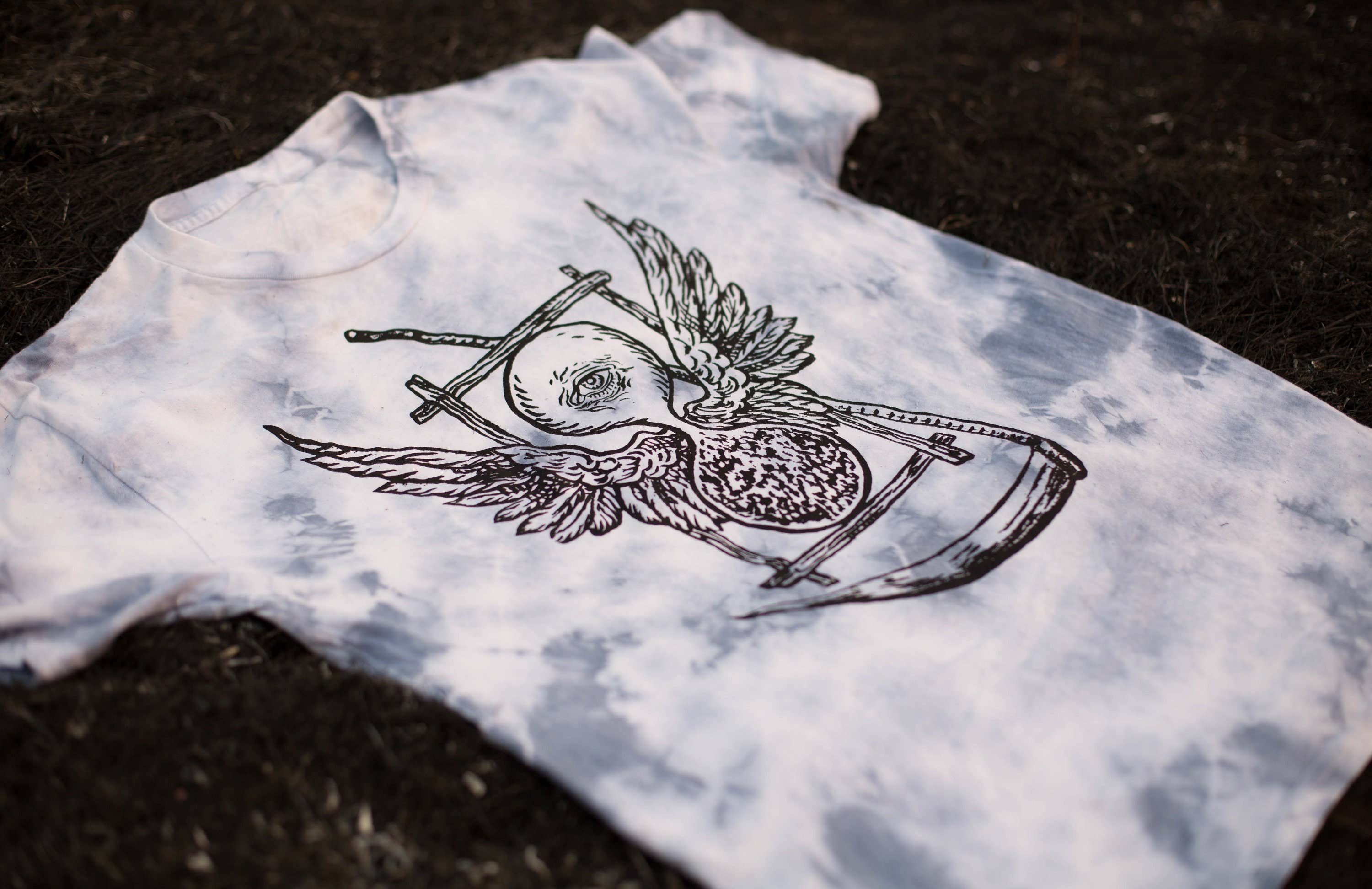 Sacred State Design - Wholesale Screen Printed T-Shirt - Men's - Pyramid Oracle Hourglass & Scythe Blue Dyed T-Shirt7