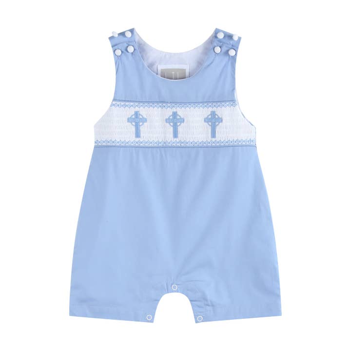 Periwinkle Blue Crosses Smocked Shortalls for wholesale by Lil Cactus