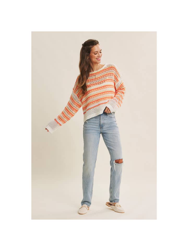 in february - Wholesale Knit Sweater - Women's - BRIGHT VIBRANT MULTI STRIPE LOOSE FIT CROCHET SWEATER TOP7