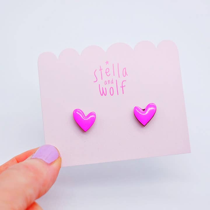Stella and Wolf - Wholesale Stud/Post Earrings - Neon pink wooden heart studs, wonky heart earrings