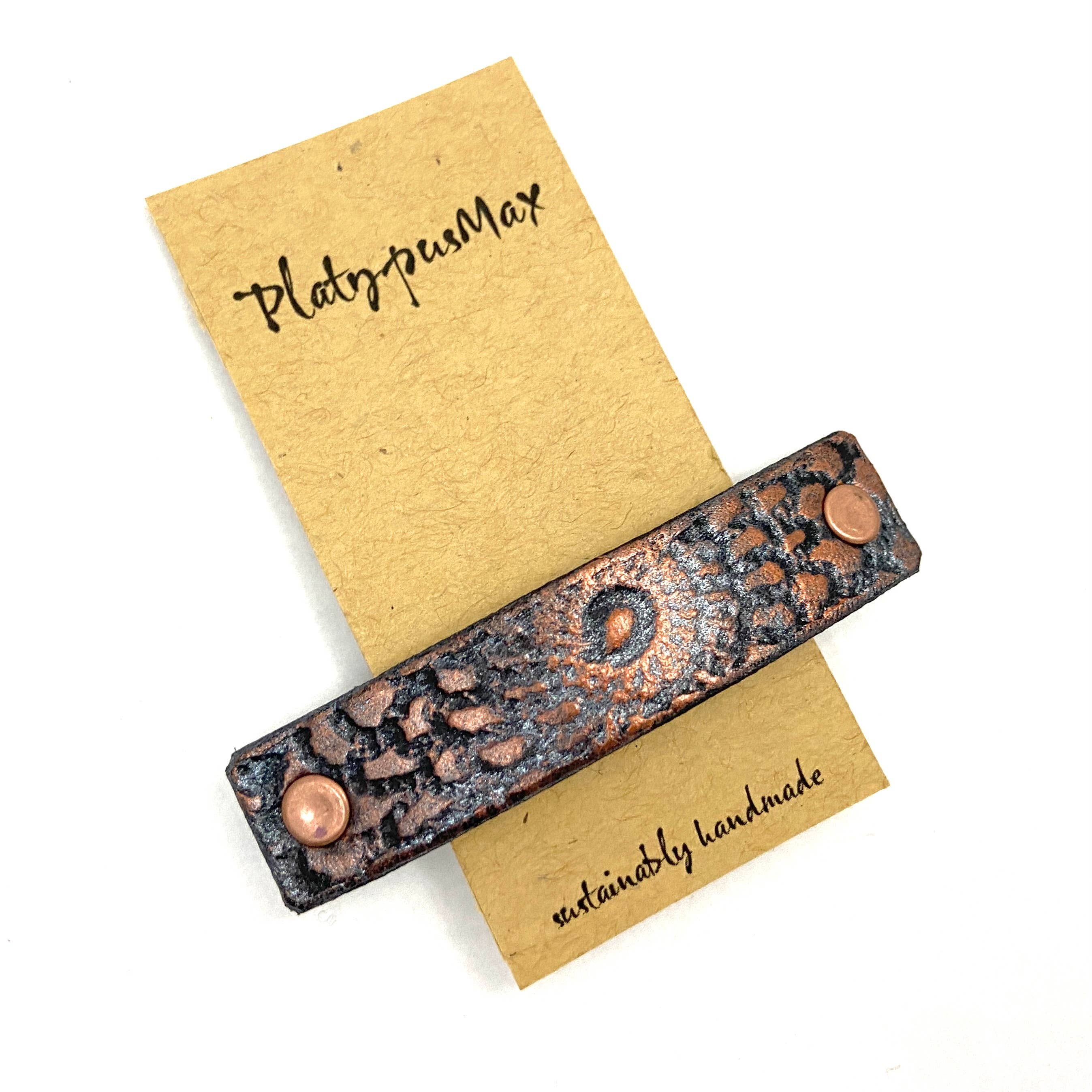 PlatypusMax - Wholesale Barrette - Women's - Bronze and Gunmetal Embossed Mandala Leather Hair Barrette6