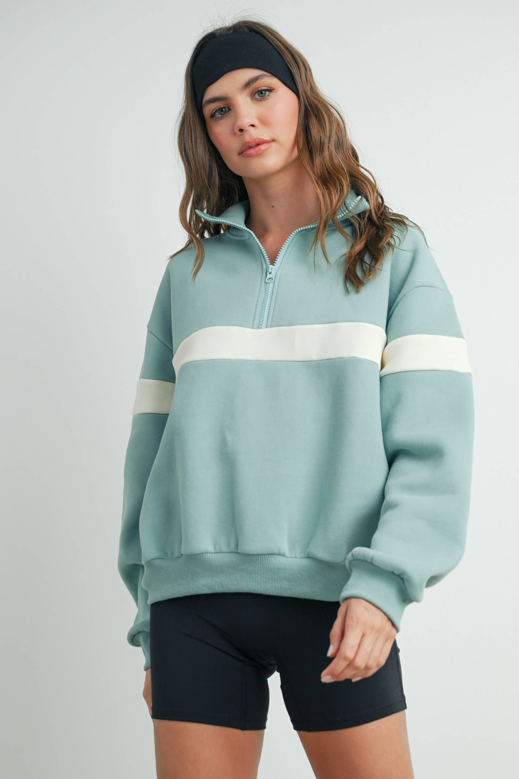 BUTTERMELON - Wholesale Sweatshirt - Women's - Two-Toned Half Zip Collar Sweatshirt - BMT753559