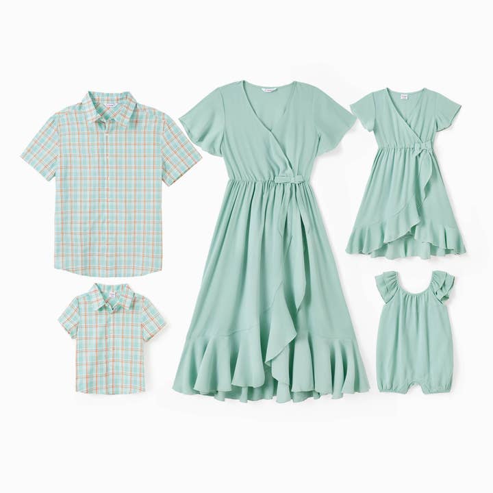 Family Matching Green Plaid Shirt or Bow Side Bottom Dress for wholesale by PatPat Matching
