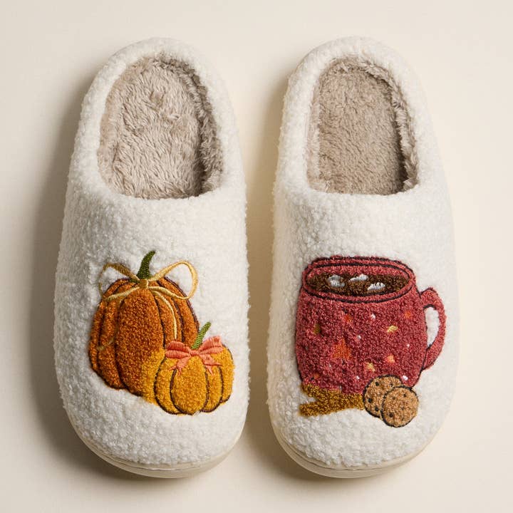 IVOR Fuzzy Fall Slippers with Pumpkin and Cocoa Mug Embroidery for wholesale on Faire2