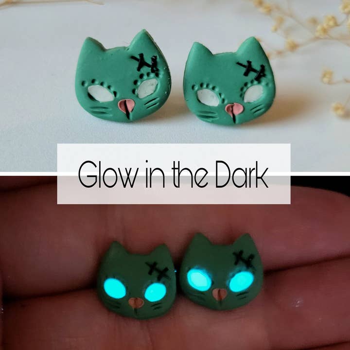 Spooky Zombie Cat Halloween Stud Earrings, Glow In The Dark for wholesale by Foxy Method