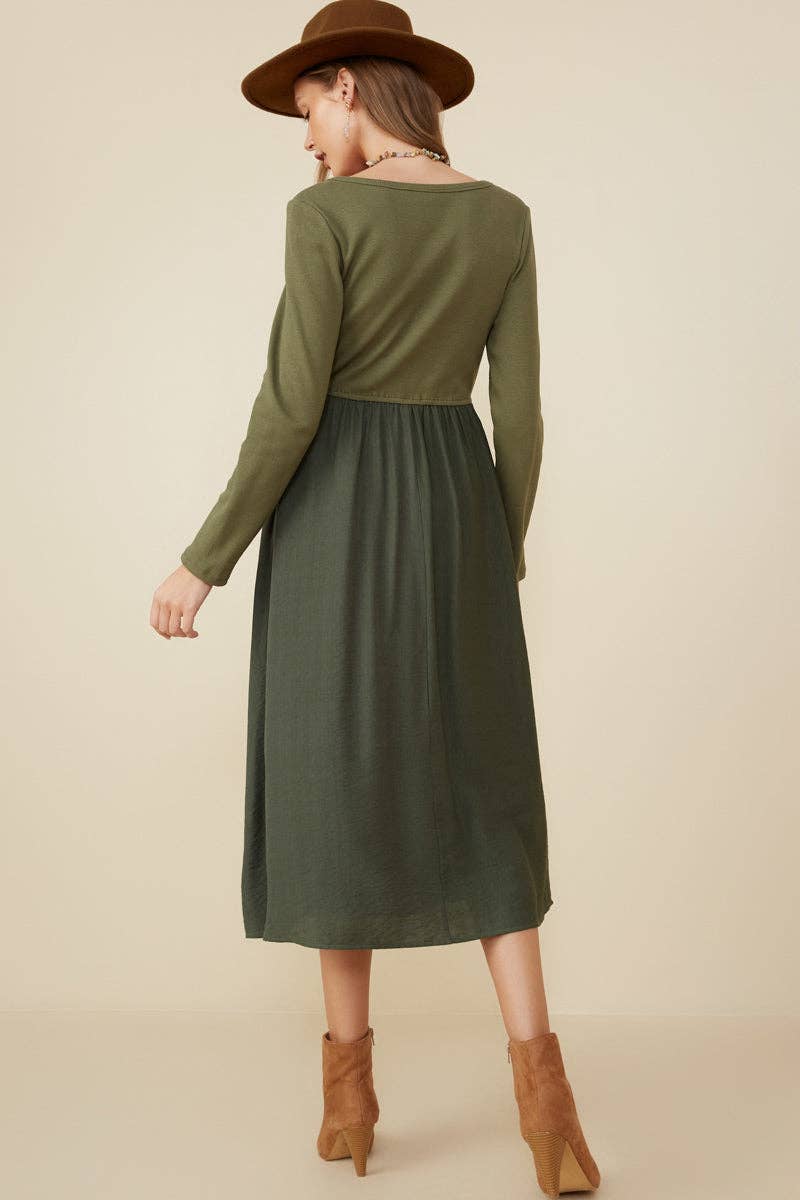 Olive Womens Ribbed Knit Mixed Media Scoop Neck Dress for wholesale on Faire5