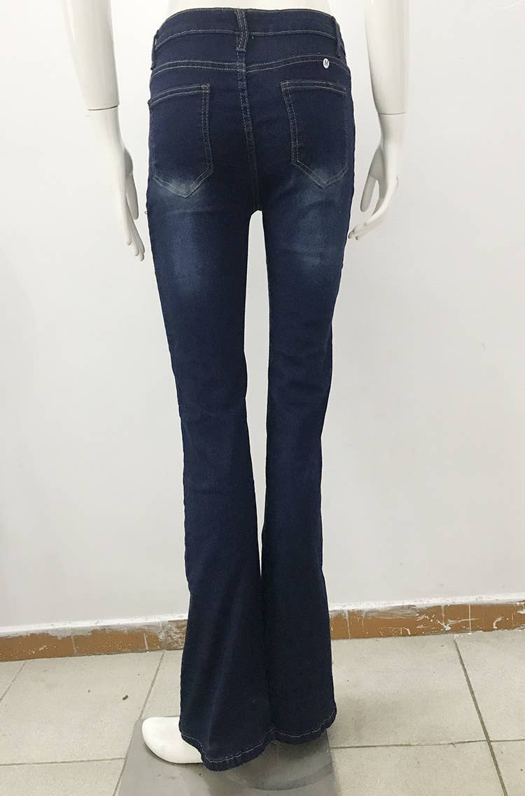 Bleu foncé ; Pantalon évasé en jean stretch pour femme en vente sur Faire5