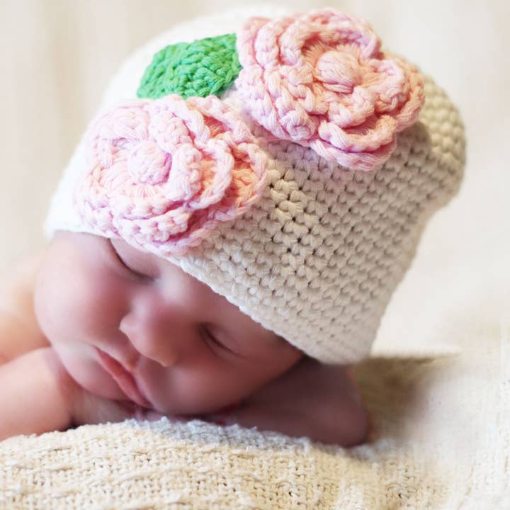 White Twin Flowers Crocheted Handmade Heirloom Gift Hat for wholesale by The Daisy Baby LLC