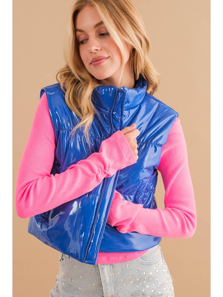 Blue B - Wholesale Outerwear Vest - Women's - 22656J - Gloss Shiny PU Quilted Puffer Zip Up Crop Vest25