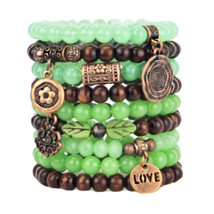 Stapling armband uppsättning 9 Stretch pärlstav armband i naturliga skogsmark och gröna toner för wholesale av Bohemian Bracelets