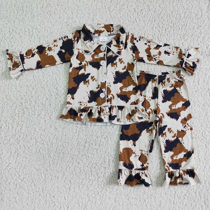 Pyjama d'automne à imprimé peau de vache western pour bébé fille pour la vente par Aier Wholesale