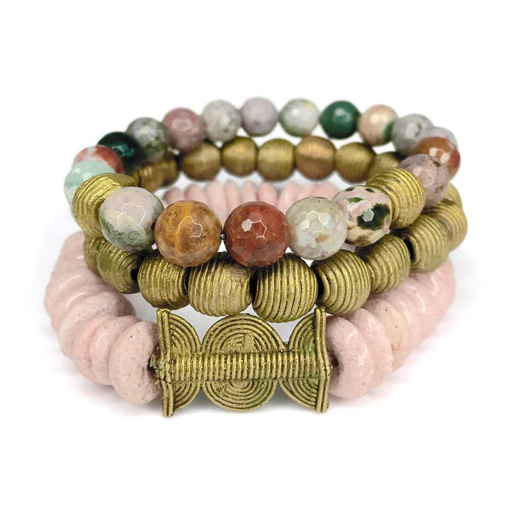 Two Brass Beads with Marble Effect Beads Bracelet | Ivory Coast African Brass Bead Bracelet | Pink Ashanti Disc Bracelet with Pendant Bracelet - SET for wholesale by Cloth & Cord, LLC