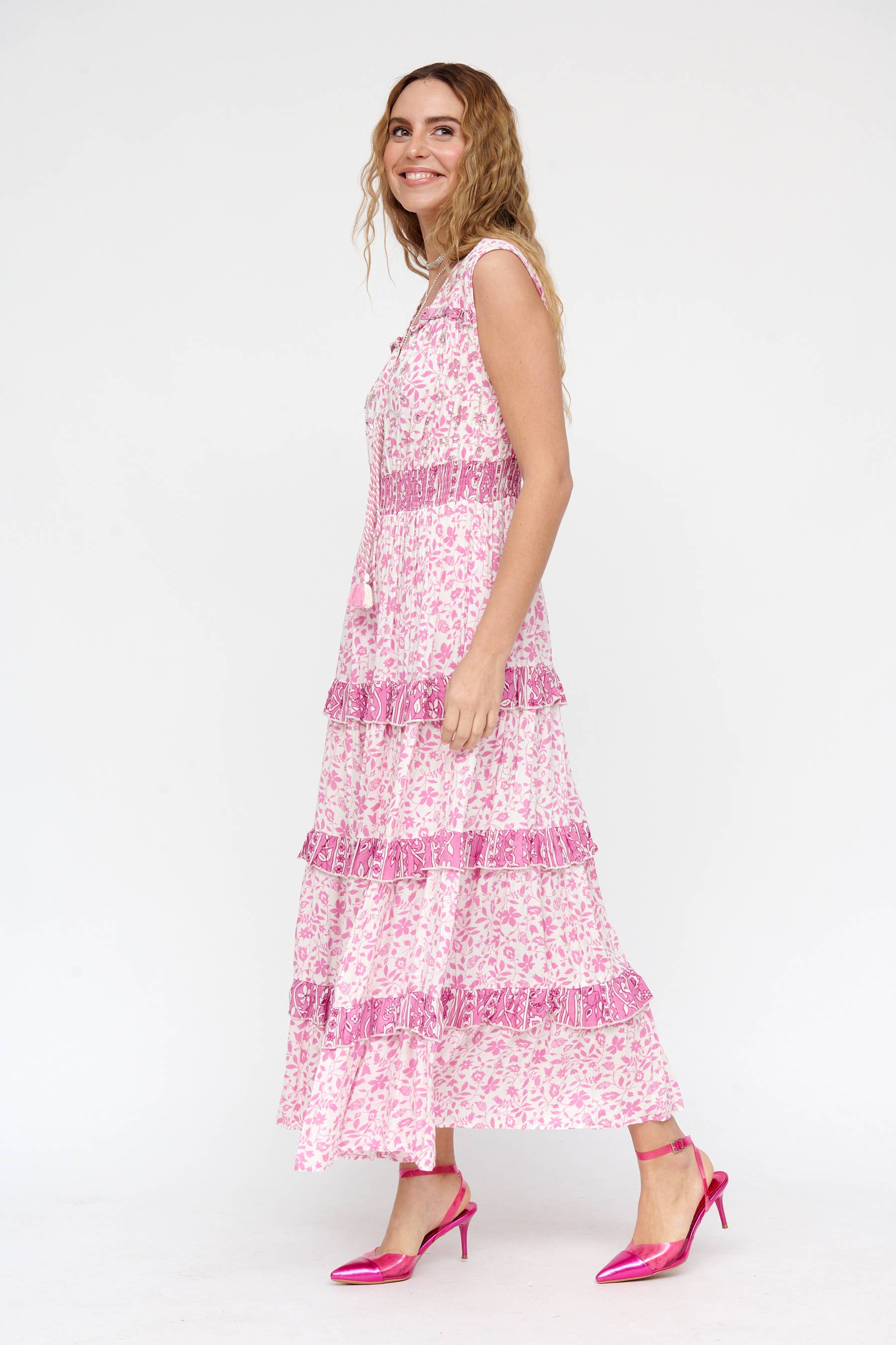  KHAKI TURQUOISE PINK  LONG BOHO WRAP DRESS WITH FLORAL PRINT AND RUFFLES for wholesale on Faire2