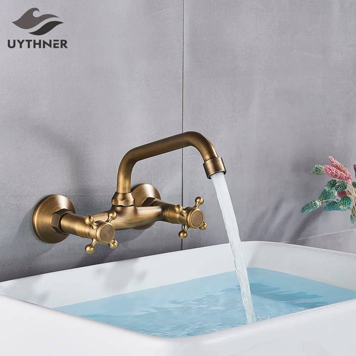 Antique Brass Kitchen Faucet Hot And Cold Water Mixer Faucets Wall Mounted Tap Vessel Sink Mixer Tap Swivel Spout Basin Mixer for wholesale by American Smart