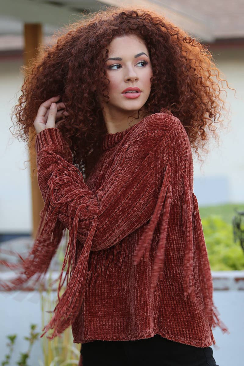 ANGIE - Wholesale Knit Sweater - Women's - XHH31-ASIS CHENILLE FRINGE PULLOVER SWEATER22