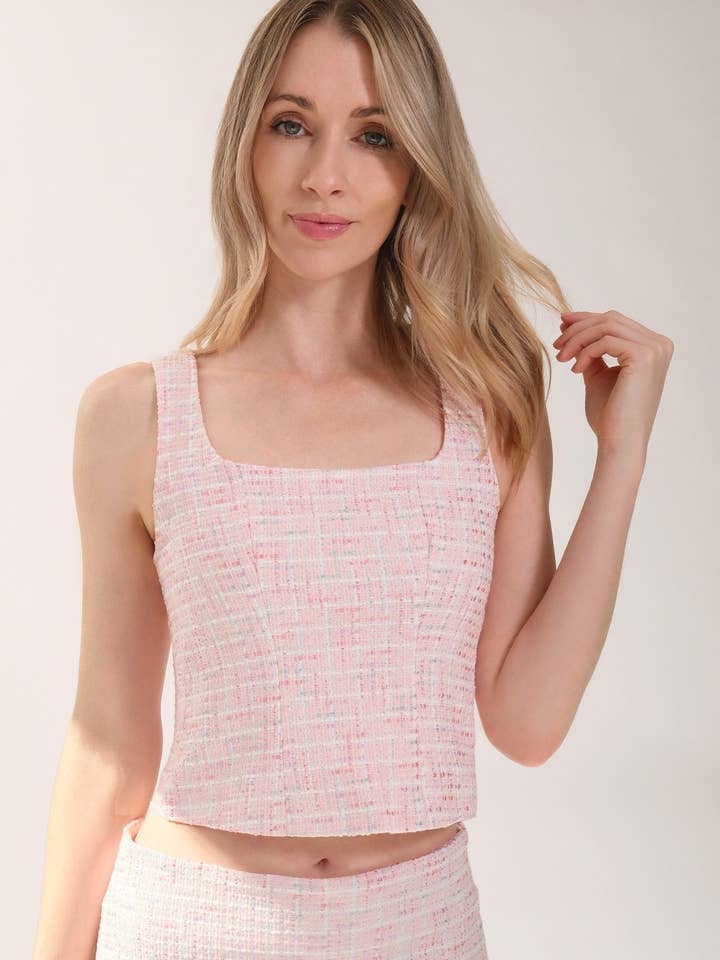 CAMISETA SIN MANGAS DE CUELLO CUADRADO DE TWEED (ROSA ROSA) para venta al por mayor de Chloe Colette