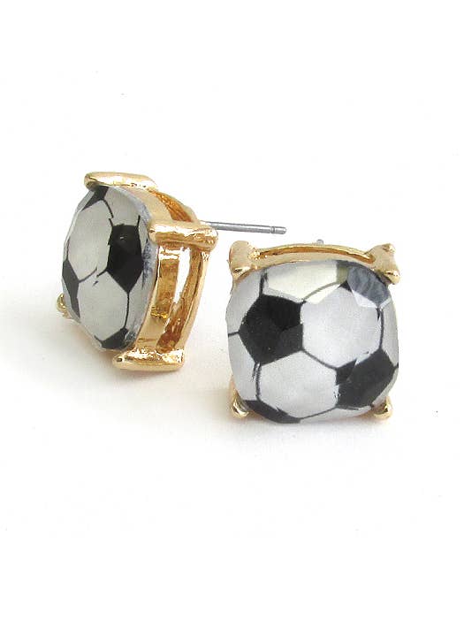 ( UX1168 ) SPORT THEME FACET STONE STUD EARRING - SOCCER for wholesale by Jewelry Max