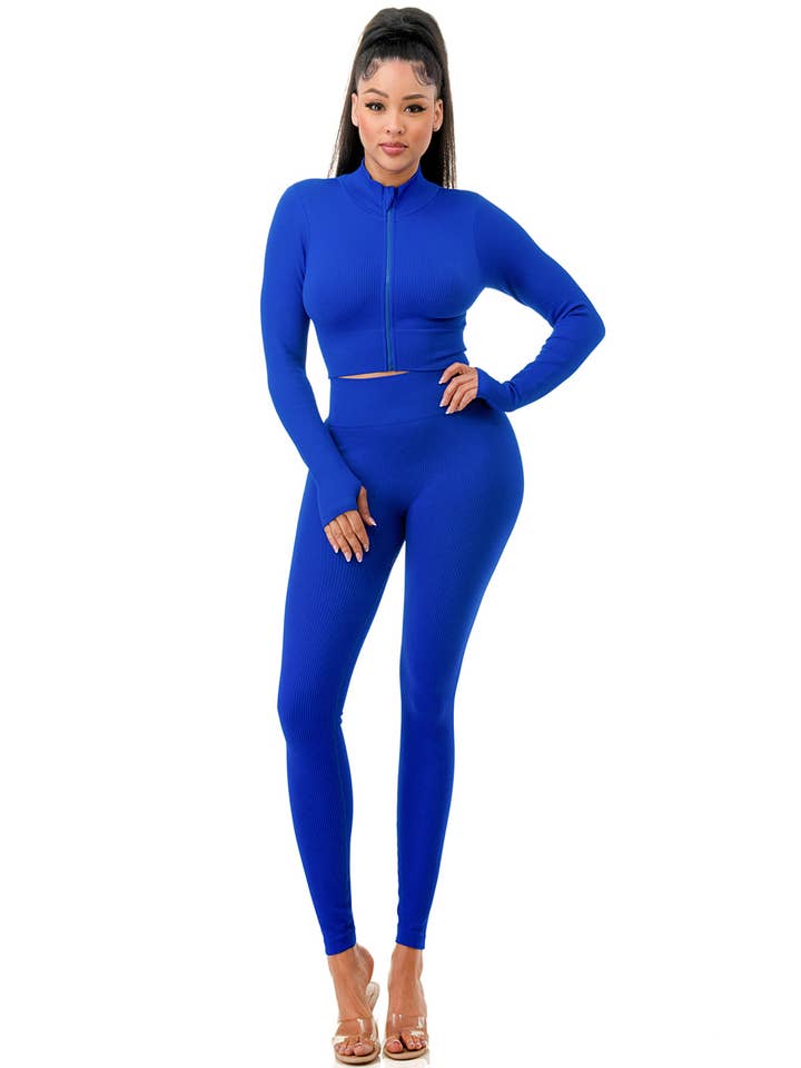 MIO WHOLESALE - Wholesale Top & Pant Set (NOT Loungewear) - Women's - JA60SET SOLID RIB ZIP-UP FRONT CROP JACKET SET